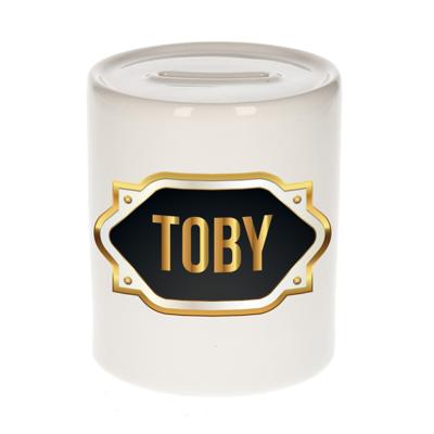 Spaarpot met voornaam Toby - wit - goud/zwart embleem - 8 x 9 cm - keramiek - afsluitdop Spaarpot met voornaam Toby - wit - goud/zwart embleem - 8 x 9 cm - keramiek - afsluitdop