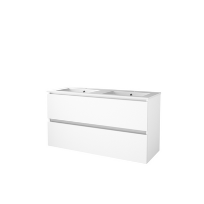 Basic Start 46 badmeubelset met greeploze wastafelonderkast, 2 lades en porseleinen wastafel met 2 kraangaten 120 x 46 cm, ice white Basic Start 46 badmeubelset met greeploze wastafelonderkast, 2 lades en porseleinen wastafel met 2 kraangaten 120 x 46 cm, ice white