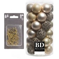 37x stuks kunststof kerstballen parel/champagne 6 cm inclusief gouden kerstboomhaakjes - Kerstbal