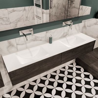 Mondiaz Lush Cloud badmeubel eiken Dark brown 180 cm 2 lades solid surface dubbele spoelbak zonder kraangat