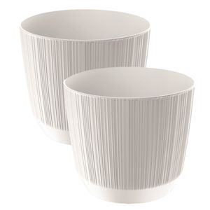 2x stuks moderne carf-stripe plantenpot/bloempot kunststof dia 19.5 cm/hoogte 17 cm parel wit