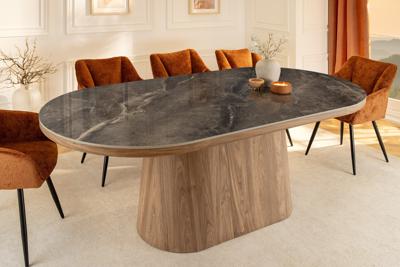 Ovale eettafel UNIQUE 200cm Grijsbruin Keramiek Walnoot Kolomvoet - 46380