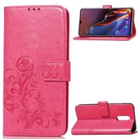 Lucky Clover ingedrukt bloemen patroon lederen draagtas voor OnePlus 6T met houder & kaartsleuven & portemonnee & hand strap (magenta)