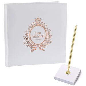 Gastenboek/receptieboek met luxe pen in houder - Bruiloft - rose goud/wit - 24 x 24 cm