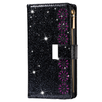 iPhone 15 Pro Max hoesje - Bookcase - Koord - Pasjeshouder - Portemonnee - Glitter - Bloemenpatroon - Kunstleer - Zwart - thumbnail