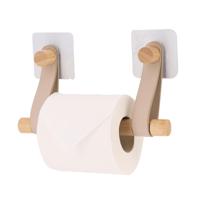 Toiletrolhouder wand/muur - zelfklevend - beige - bamboe/kunstleer - zonder boren