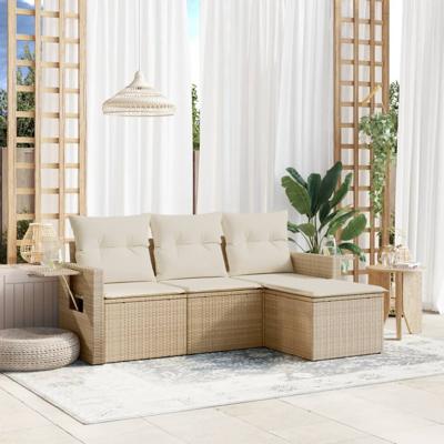 4-delige Loungeset met kussens poly rattan beige