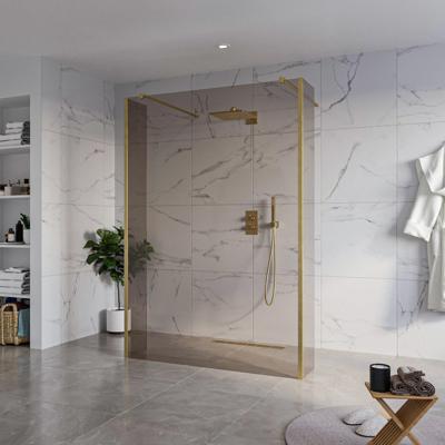 Fortifura Galeria Vrijstaande Inloopdouche - 140x200cm - Rookglas - antikalk - 8mm veiligheidsglas - 2 zijwanden 40cm - wandsteunen en hoekprofielen - Geborsteld Messing PVD (Goud) SW927770 2x/SW797946/SW797934 2x/SW798731 2x