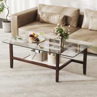 107cm Glazen Salontafel met 2 Lagen en Opbergplank Rechthoekige Salontafel met Poten van Massief Rubberhout Moderne Cocktailtafel