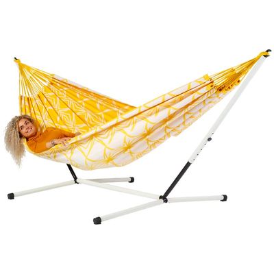 Familie hangmat met metalen standaard - 400x180cm - Geel - 200kg draagkracht- 100% katoen - binnen & buiten