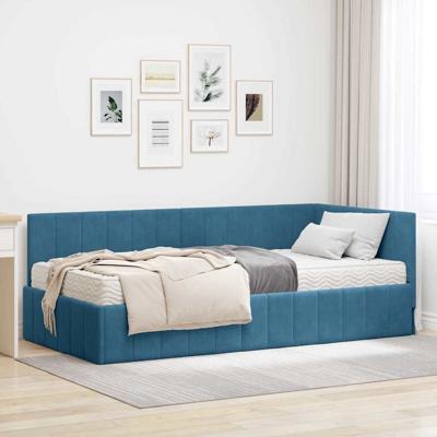 Hoekbedframe met matras Blauw 90 x 190 cm Fluweel