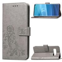 Lucky Clover ingedrukt bloemen patroon lederen draagtas voor Galaxy S10e met houder & kaartsleuven & portemonnee & hand strap (grijs)
