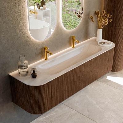 Badmeubel Mondiaz Kurve-Dlux | 170 cm | Meubelkleur Walnut | Wastafelkleur Meli | Solid surface | Wasbak midden spoelbak | 2 kraangaten