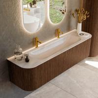 Badmeubel Mondiaz Kurve-Dlux | 170 cm | Meubelkleur Walnut | Wastafelkleur Meli | Solid surface | Wasbak midden spoelbak | 2 kraangaten