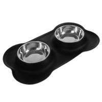 Purlov Voer- en drinkbak huisdier - dubbele bakjes - zwart - siliconen/RVS - honden/katten
