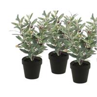 Kunstplant olijfboompje - 3x - groen - in zwarte pot - 35 cm