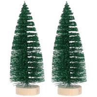 Mini decoratie kerstboompjes - 2x st - groen - glitter - H15 cm - kunststof - miniboompjes