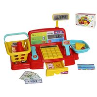 Speelgoedkassa met winkelmandje en scanner-weegschaal-geld-produkten en vele andere accessoires - thumbnail
