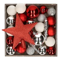 Kunststof kerstballen - 45x stuks - met ster piek - rood,wit,zilver - thumbnail