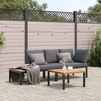 3-delige Loungeset met kussens aluminium zwart