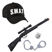 Carnaval verkleed speelgoed politie/SWAT pet zwart voor kinderen met accessoires - thumbnail