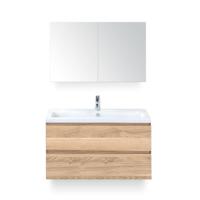 Vogue Badmeubelset 100 cm - Greeplijst in kleur - Grey Oak - Keramische Wastafel Wit 1 kraangat - met Spiegelkast