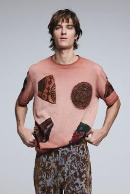 T-shirt met korte mouwen en patchwork - ORANGE - XL