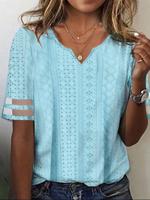 Women's Short Sleeve Blouse Summer Light Blue Plain Mesh Jacquard Notched Neck Daily Going Out Simple Top