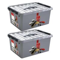 Q- 2x -LINE Opberg box/opbergdoos - met tray - kunststof - 40 x 30 x 18 cm - schoenenpoetsdoos - Opbergbox
