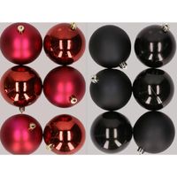 12x stuks kunststof kerstballen mix van donkerrood en zwart 8 cm   -