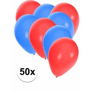 50x ballonnen - 27 cm - rood / blauwe versiering