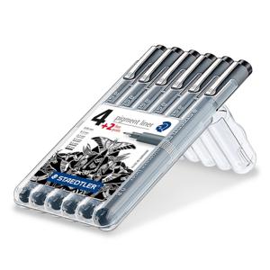 Staedtler pigment liner fineliner, ronde punt, verschillende schrijfbreedtes, etui van 4 + 2, zwart