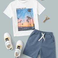Tween Boy Tropical Print and Slogan Tee & Shorts Casual Set 11-12Y