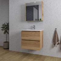 Adema Chaci Badkamermeubelset - 60x46x57cm - 1 ovale keramische wasbak wit - 1 kraangat - 2 lades - Spiegelkast - eiken SW1212759/SW1212815/SW812072/SW718716