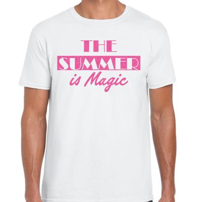 Toppers verkleed T-shirt heren - The summer is Magic - wit - glitter roze - Tropische feestkleding