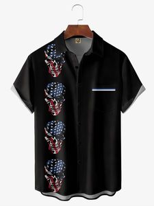 Flag Skull Chest Pocket Short Sleeve Bowling Shirt