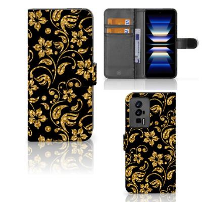 Xiaomi Poco F5 Pro Hoesje Gouden Bloemen | Portemonnee hoesje Xiaomi Poco F5 Pro Hoesje Gouden Bloemen | Portemonnee hoesje