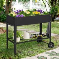Metalen Verhoogd Bed met Opslag & 2 Wielen & Haken & Handvat Verhoogde Tuinbed Plantenbak Zwart