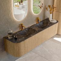 Badmeubel Mondiaz Kurve-Dlux | 180 cm | Meubelkleur Oak | Wastafelkleur Lava | Solid surface | Dubbele spoelbak | 2 kraangaten