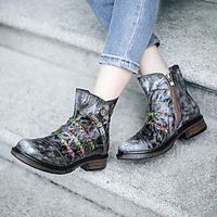 Dames Laarzen Legerlaarzen Laarsjes enkellaarsjes Handgemaakte schoenen Dagelijks Booties enkellaarzen Rits Blokhak Ronde Teen Vintage Casual Comfortabel Schapenleer Rits Effen Kleur Grijs miniinthebox