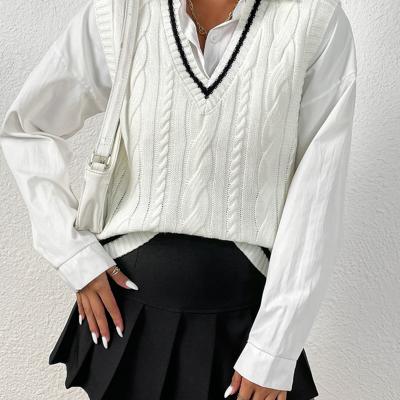 Bon&Bon Cable Knit Sweater Vest - V-Neck Striped Trim Casual Black Top White / XS