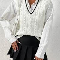 Bon&Bon Cable Knit Sweater Vest - V-Neck Striped Trim Casual Black Top White / XS