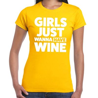 Girls just wanna have Wine tekst t-shirt geel dames