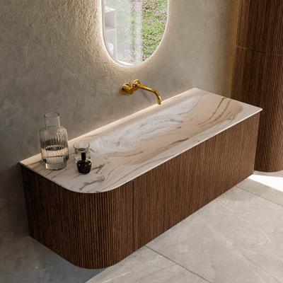 Badmeubel Mondiaz Kurve-Dlux | 125 cm | Meubelkleur Walnut | Wastafelkleur Nata | Solid surface | Wasbak rechter zijde spoelbak | Zonder kraangat(en)