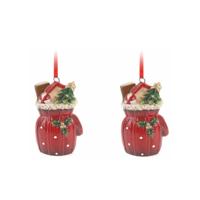 Kersthanger cadeauzak - 2x - rood - 8 cm - keramiek - kerstornament - kerstboomversiering
