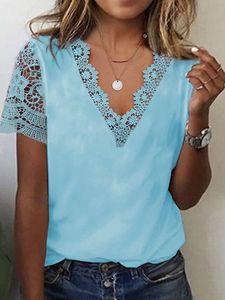 V Neck Casual Regular Fit Plain Lace T-Shirt