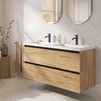 Saqu Gaia badmeubel incl. dubbele glans witte wastafel 120x51x64cm eiken marcato - zwarte greeplijst