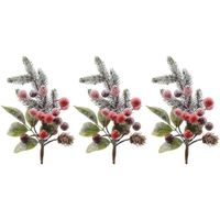 3x Kerststukje stekertjes met bessen en sneeuw groen/rood 20 cm - thumbnail