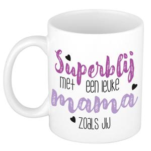 Cadeau koffie/thee mok voor mama - paars - super blij - keramiek - 300 ml - Moederdag   -