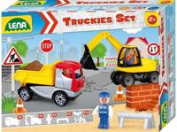 Lena truckies set graafmachine met kiepwagen 3 speelfiguurtjes en verkeersborden Lena truckies set graafmachine met kiepwagen 3 speelfiguurtjes en verkeersborden
